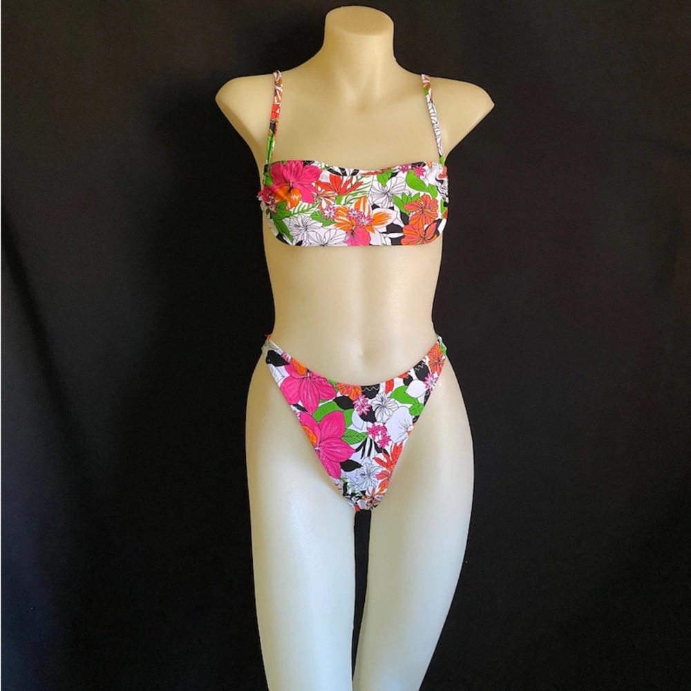 Vintage inspired floral print high cut thong bikini